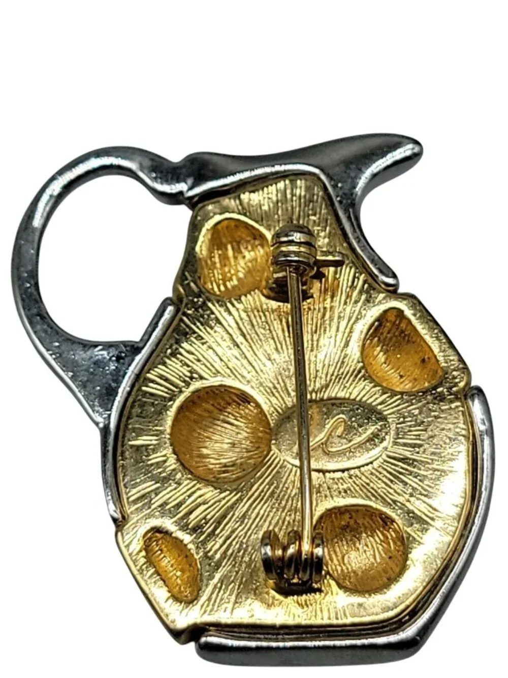 Liz Claiborne Brooch Lemonade Pitcher Silver Tone W/Yellow Lemons Signed LC